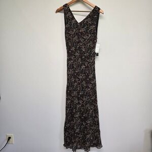 Eva Blue Beaded Floral Maxi Dress Womens 10 Black V-Neck Whimsigoth Y2K